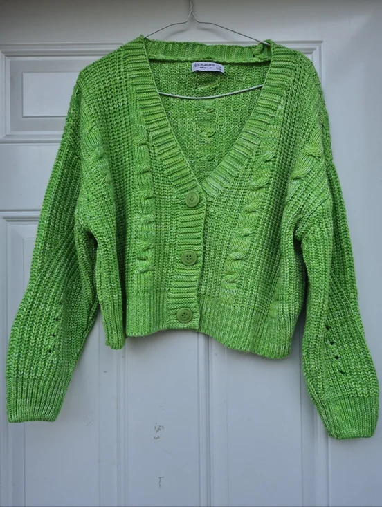 Bright Green Cropped Colorful Knit Button Front Relaxed Fit Cardigan Sweater - Picture 2 of 8